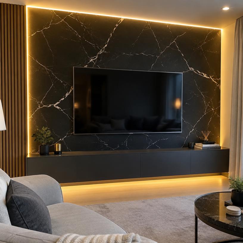 Painel de televisão em Preto Nero Marquina visto na diagonal