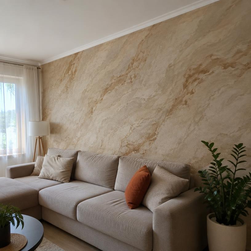 Parede de sala em Travertino Romano vista em ângulo lateral